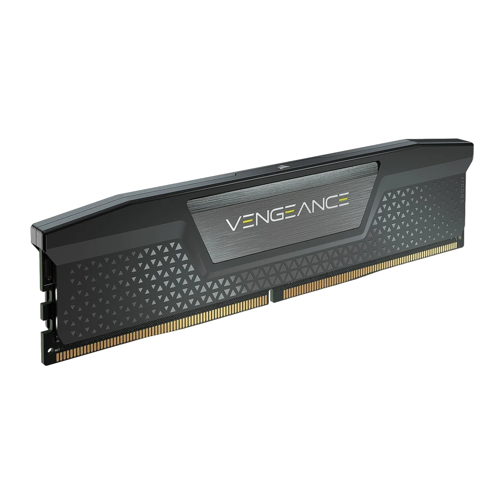 Corsair Vengeance RGB DDR5 6000 MT/s 16GB Gris, vista en ángulo: perfil lateral del disipador y contactos dorados visibles