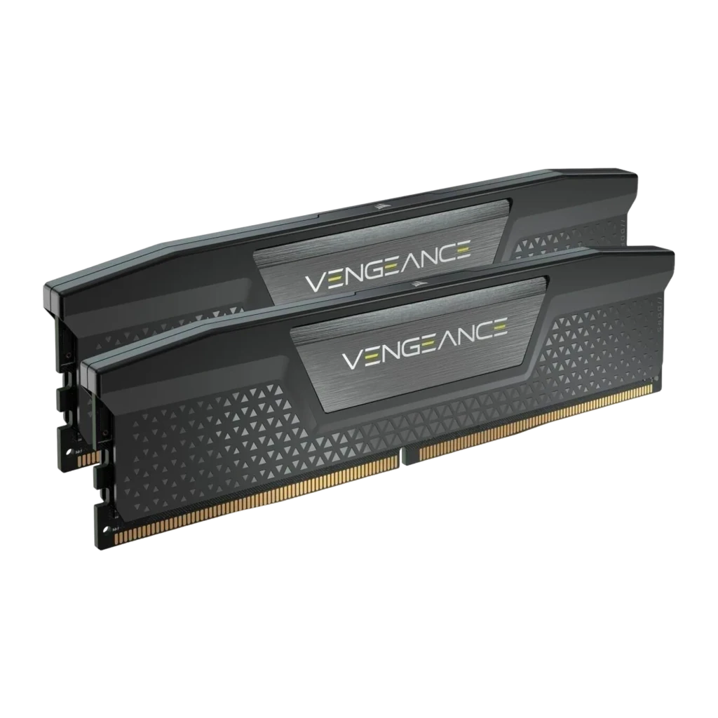 Corsair Vengeance RGB DDR5 6000 MT/s 16GB Gris, vista en ángulo: dos módulos apilados mostrando disipador y contactos dorados