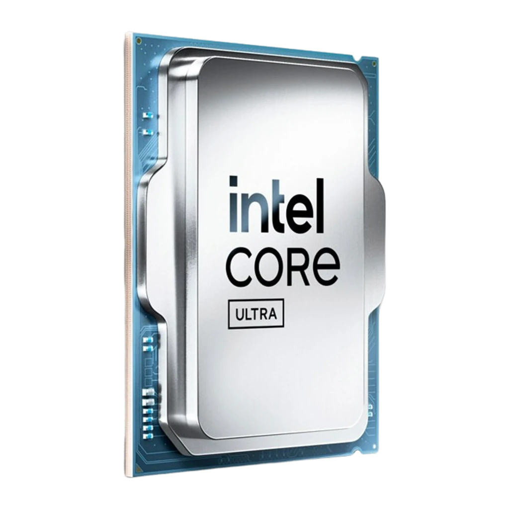 Intel Core Ultra 9 285K, vista lateral izquierda en ángulo: grosor del procesador, PCB verde y canto del IHS plateado