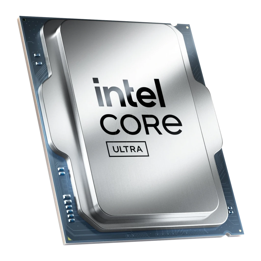 Intel Core Ultra 9 285K, vista frontal en ángulo inferior derecho: IHS plateado con logo Intel Core Ultra y PCB azul