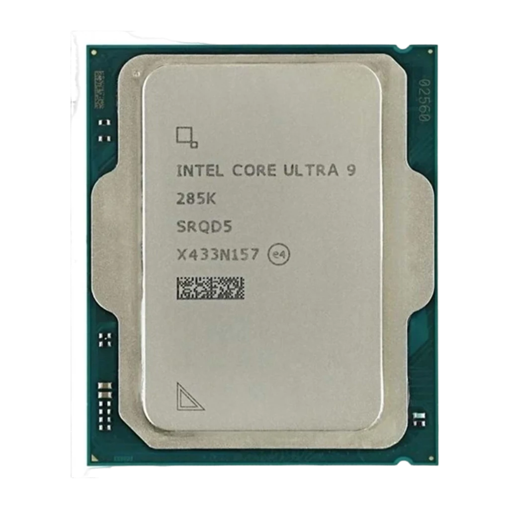 Intel Core Ultra 9 285K, vista trasera frontal: IHS gris con serigrafía SRQD5, número de serie X433N157 y código QR