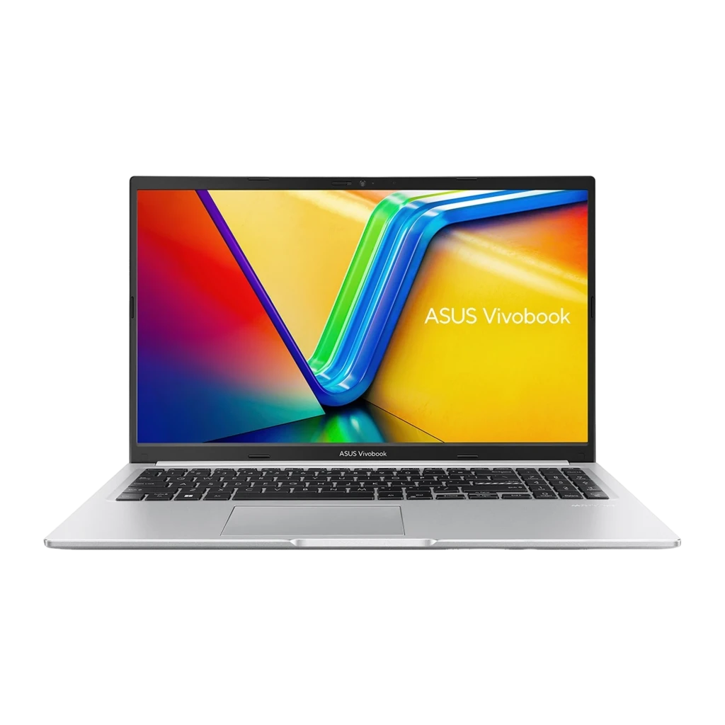 ASUS Vivobook 15 M1502YA 512GB Prata, vista frontal: ecrã aberto com logótipo Vivobook, teclado e touchpad visíveis