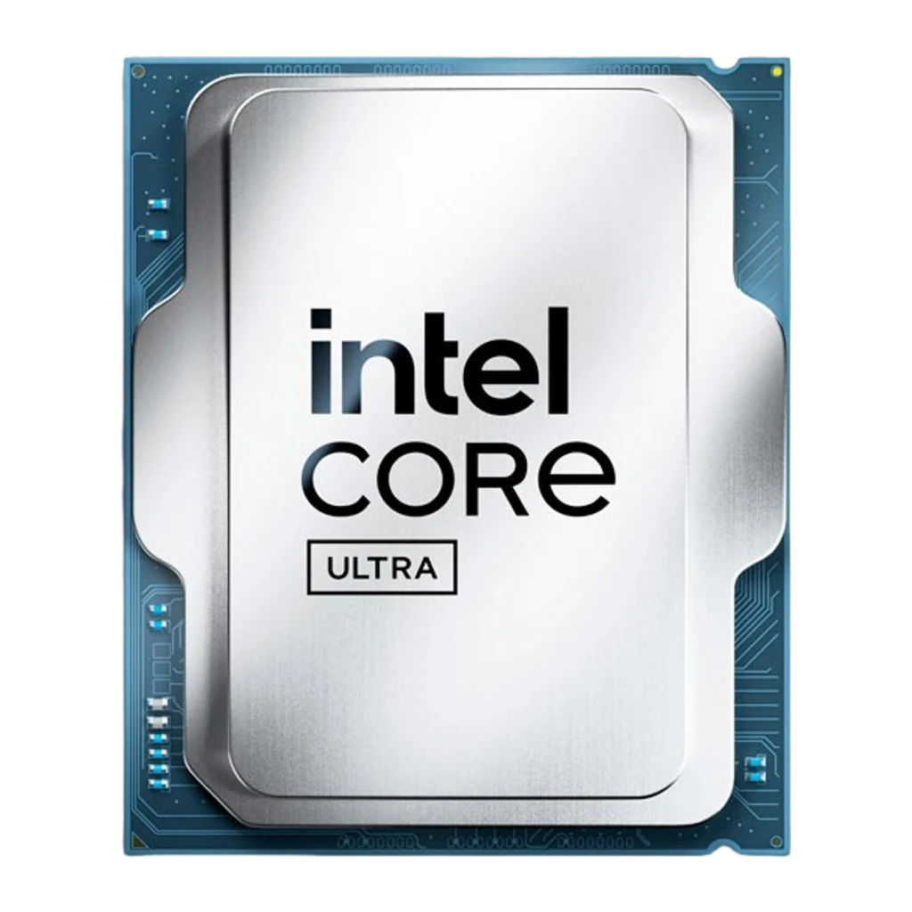 Intel Core Ultra 5 245KF, vista frontal: IHS plateado con logotipo Intel Core Ultra centrado y PCB azul