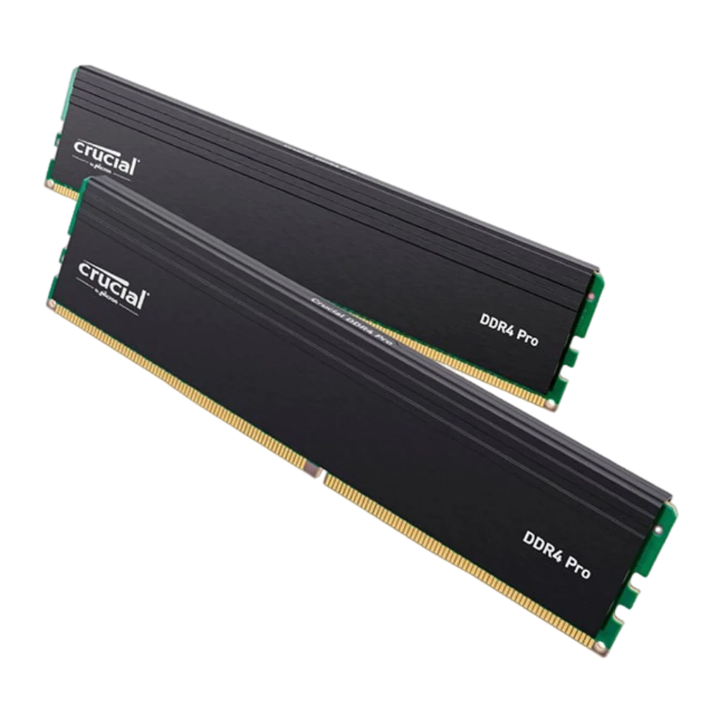 Crucial Pro DDR4 3200 64GB Negro, vista en ángulo: dos módulos RAM en perspectiva diagonal, disipador acanalado negro y