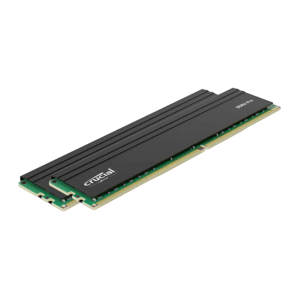 Crucial Pro DDR4 3200 64GB Negro, vista lateral en perspectiva: un solo módulo RAM, disipador negro acanalado, PCB verde y