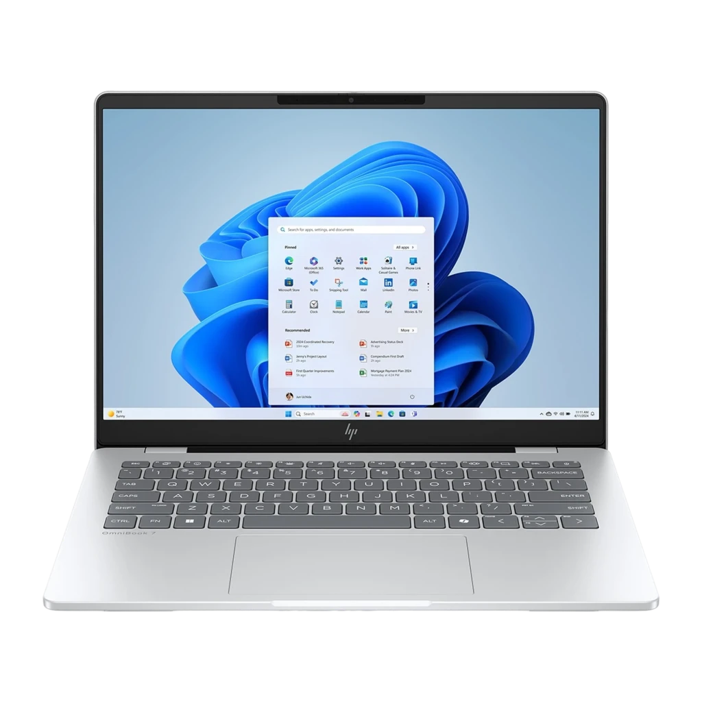 HP OmniBook 7 AI 14 1TB plata, vista frontal: pantalla con Windows 11, teclado oscuro y cuerpo plateado