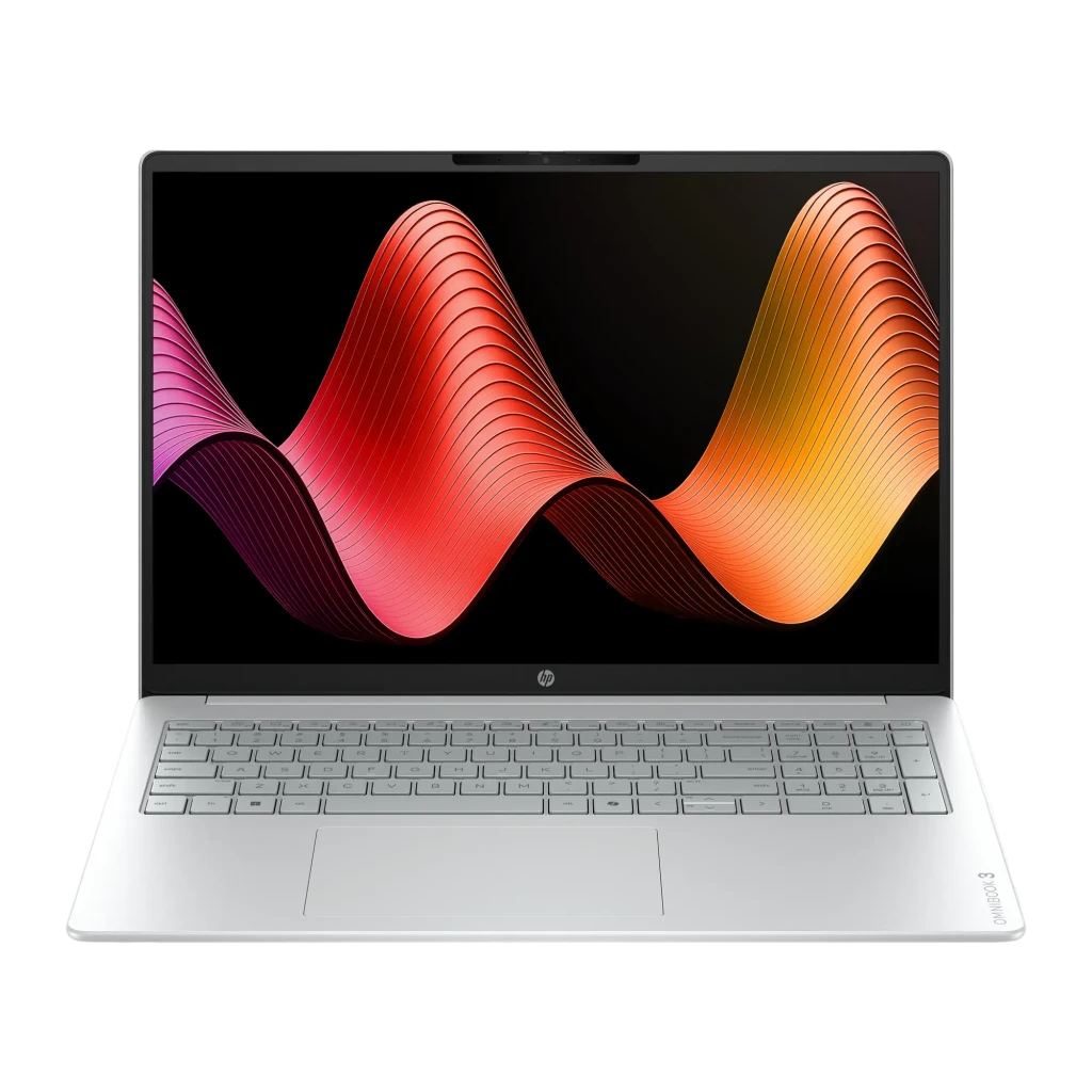 HP OmniBook 3 16 512GB Glacier Silver, vista frontal: pantalla con ondas rojas y naranjas, teclado completo y touchpad