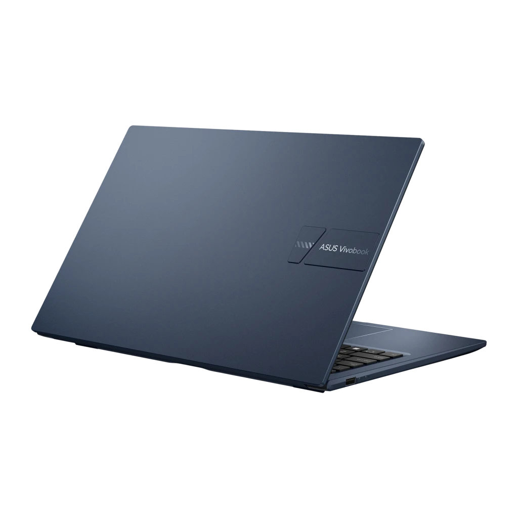 ASUS Vivobook 15 F1504VA 512GB Bleu Silencieux, vue arrière en angle: couvercle avec logo ASUS Vivobook et texture striée