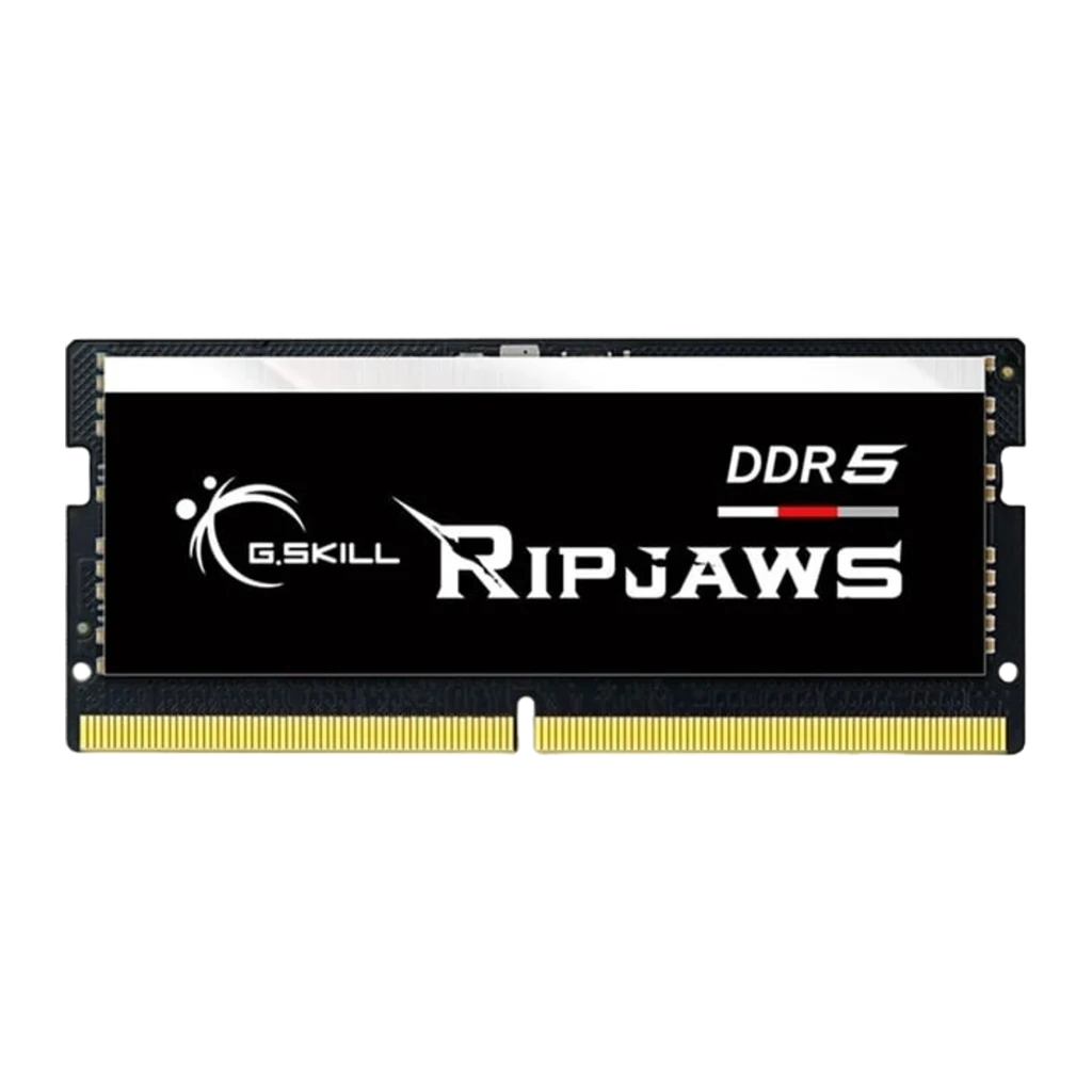 G.Skill Ripjaws DDR5 16GB negro, vista frontal: etiqueta Ripjaws DDR5, franja plateada superior y contactos dorados