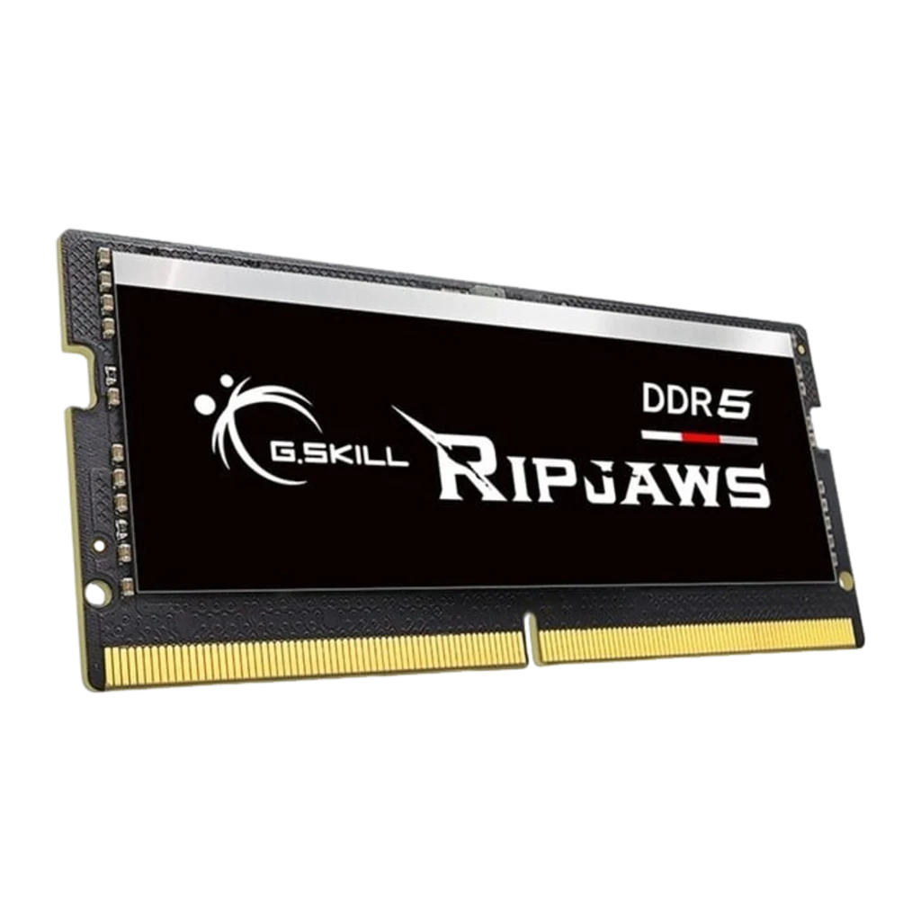 G.Skill Ripjaws DDR5 16GB negro, vista en ángulo izquierdo: lateral con chips SMD visibles y conector SO-DIMM dorado