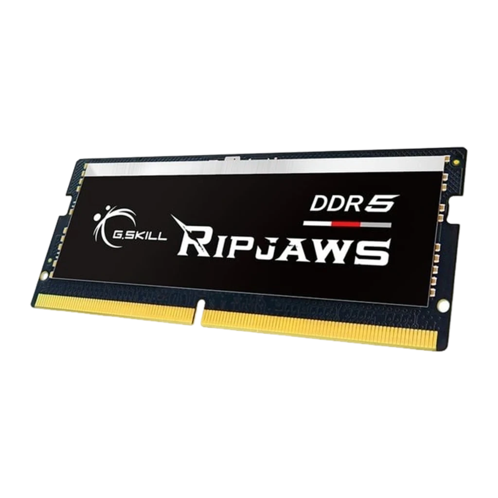 G.Skill Ripjaws DDR5 16GB negro, vista en ángulo derecho: extremo derecho del módulo SO-DIMM y franja plateada superior