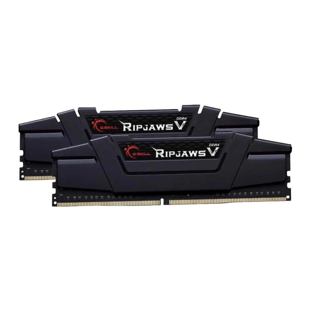 G.Skill Ripjaws V DDR4 16GB noir, vue de face: deux modules DIMM empilés, dissipateur noir avec logo rouge et connecteurs