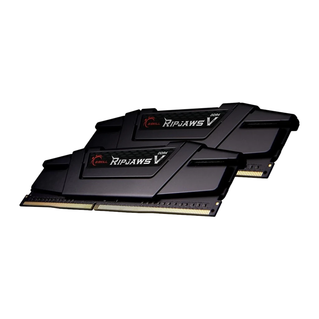 G.Skill Ripjaws V DDR4 16GB negro, vista en ángulo: dos módulos DIMM en perspectiva diagonal sobre fondo oscuro