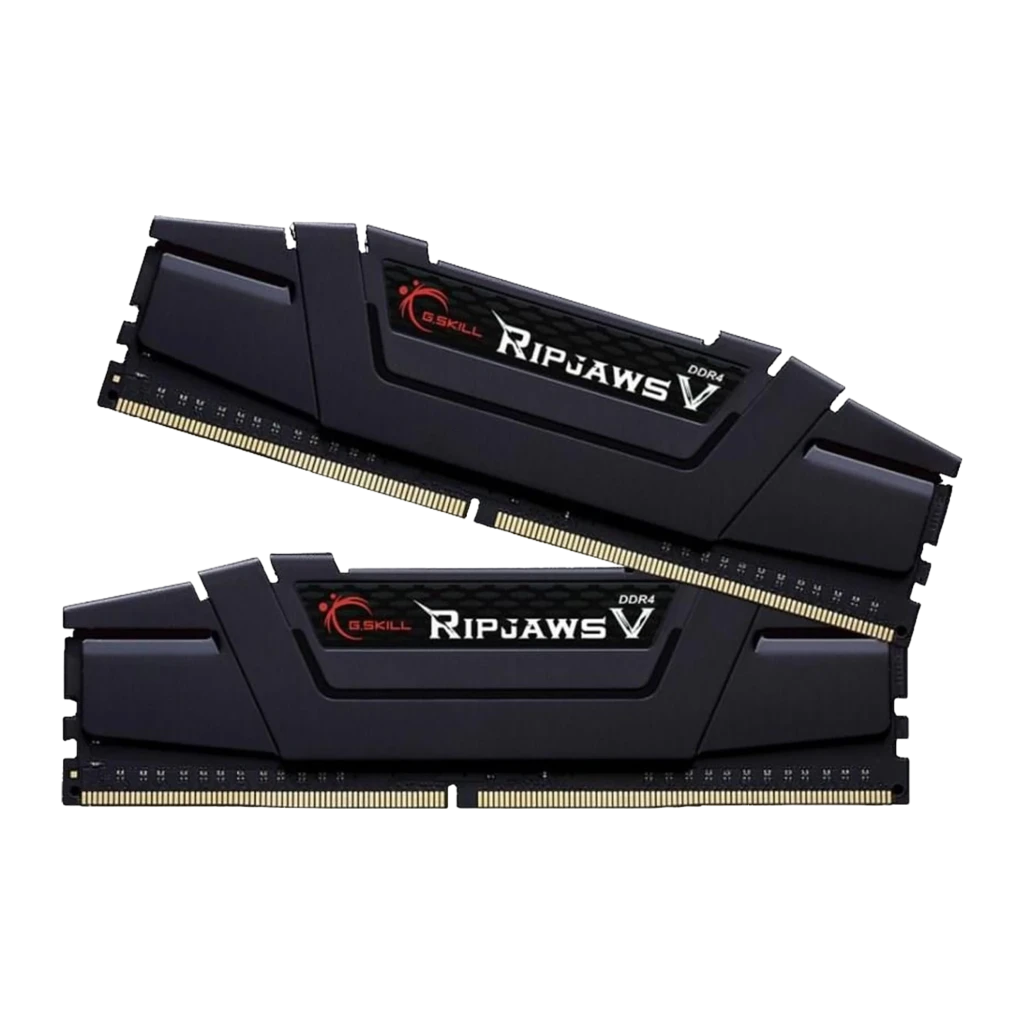 G.Skill Ripjaws V DDR4 16GB negro, vista lateral escalonada: dos módulos DIMM separados mostrando conectores dorados y