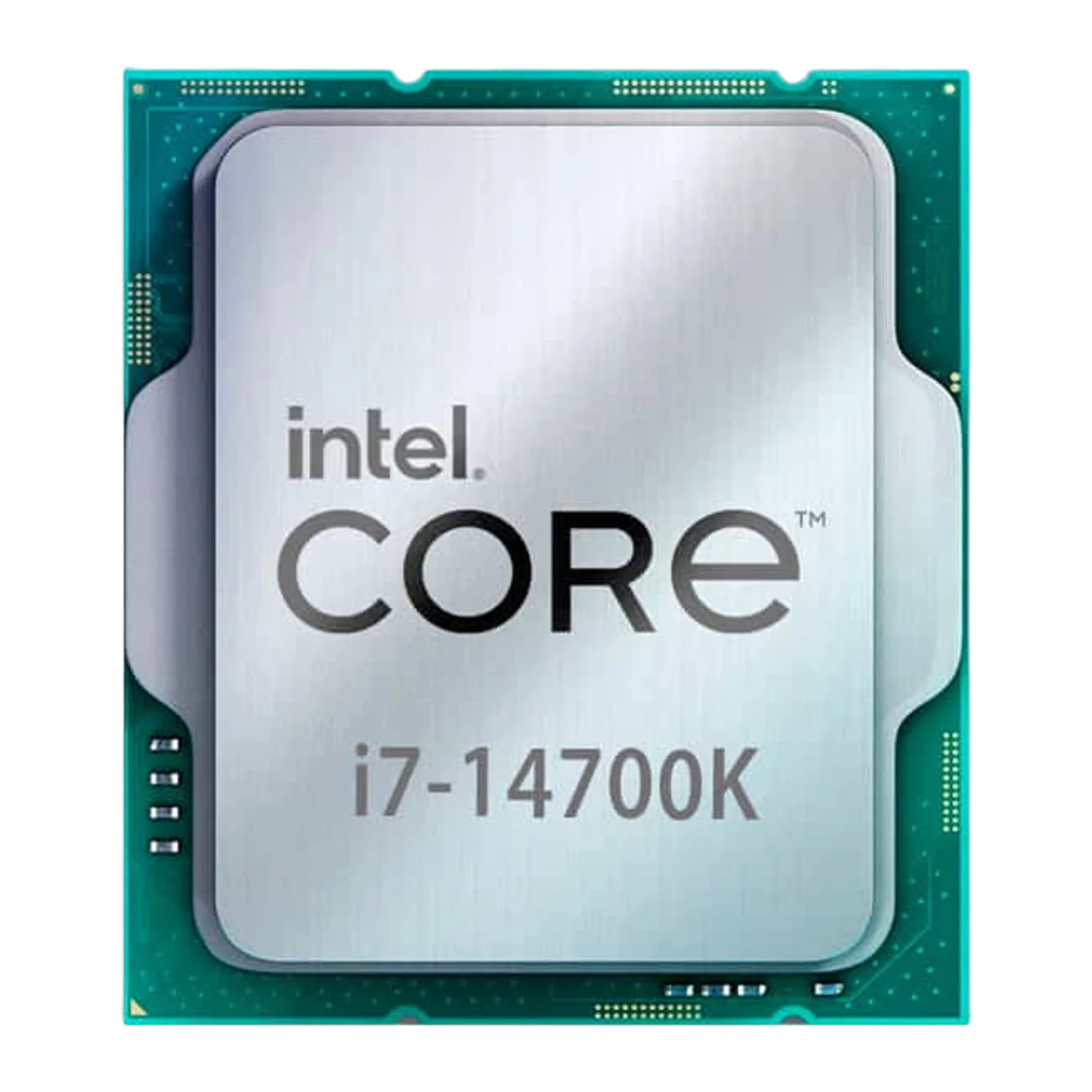 Intel Core i7-14700K, vista frontal: IHS prateado com logo Intel Core i7-14700K, substrato verde com contatos