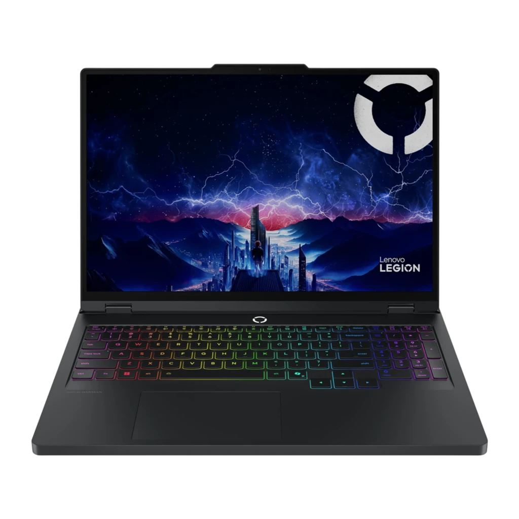 Lenovo Legion Pro 5 16IRX10 1TB negro, vista frontal: pantalla con fondo gaming, teclado RGB multicolor iluminado
