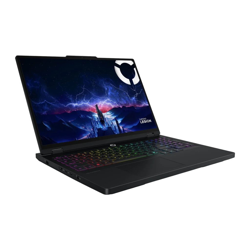 Lenovo Legion Pro 5 16IRX10 1TB negro, vista angular izquierda: puertos laterales visibles, teclado RGB y pantalla gaming