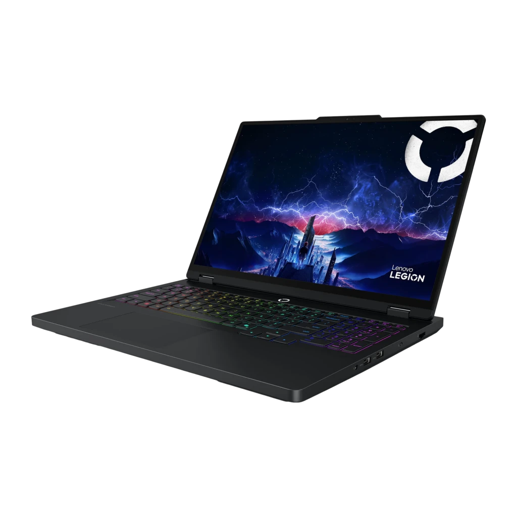 Lenovo Legion Pro 5 16IRX10 1TB negro, vista angular derecha: puertos lado derecho visibles, touchpad y teclado RGB