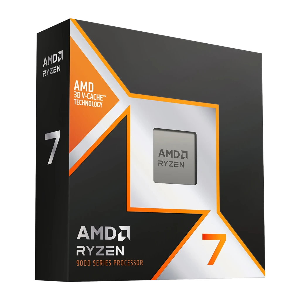 AMD Ryzen 7 9850X3D AM5, vista en ángulo: caja negra con gráfico naranja 3D V-Cache y logo Ryzen 7 en lateral
