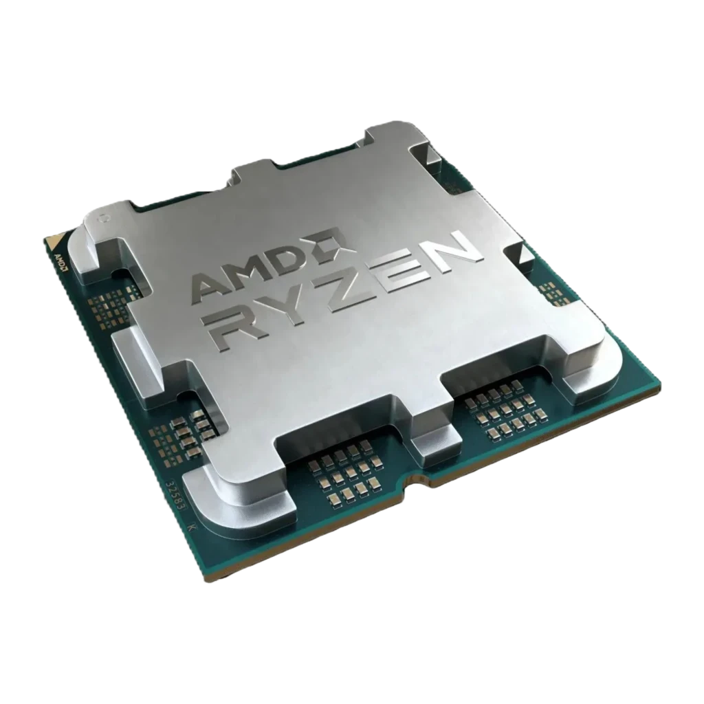 Procesador AMD Ryzen 5 8500G 6 Núcleos AM5: chip plateado con logo AMD RYZEN grabado, encapsulado cuadrado sobre PCB verde con contactos visibles y bordes