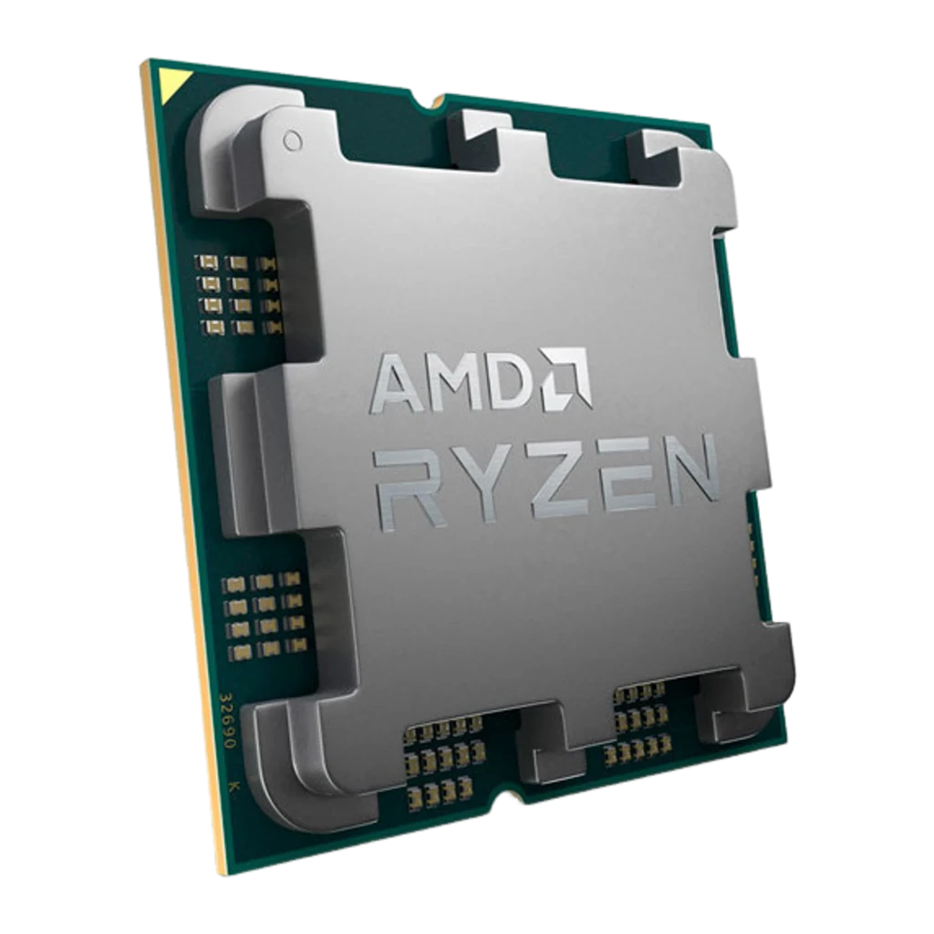 AMD Ryzen 5 8500G AM5, vista lateral en ángulo: canto del PCB con contactos dorados y IHS gris visible