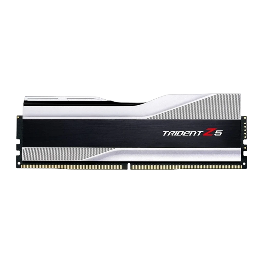 G.Skill Trident Z5 32GB DDR5 6000 Plata, vista frontal: un módulo DIMM con disipador plateado y negro, contactos dorados