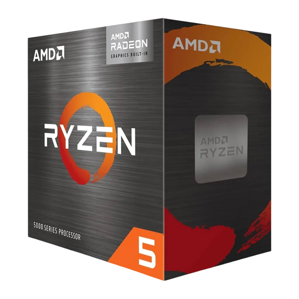 AMD Ryzen 5 5600G, caja frontal en ángulo: diseño gris metálico con logo Ryzen naranja y lateral con chip grabado