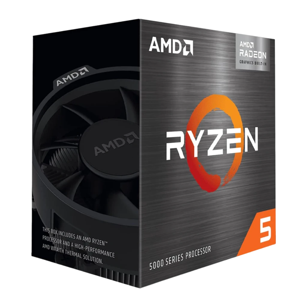 AMD Ryzen 5 5600G, caja lateral con ventilador Wraith: refrigerador AMD incluido visible junto a la caja gris metálica