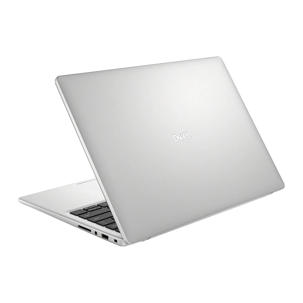 Dell Portátil Pro 14 Essential PV14250 512GB plata, vista trasera lateral izquierda: tapa metálica con logo Dell y puertos