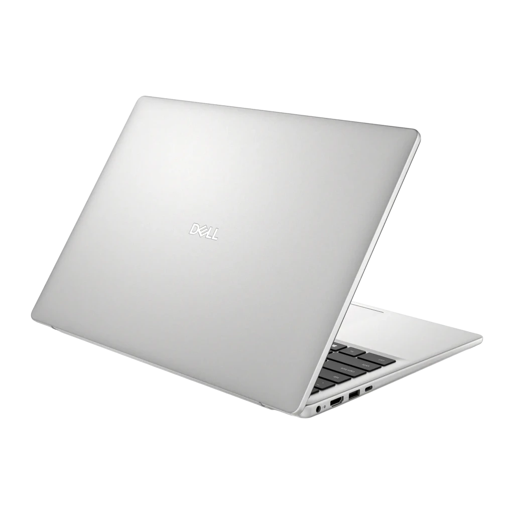 Dell Portátil Pro 14 Essential PV14250 512GB plata, vista trasera lateral derecha: tapa plateada con logo Dell y puertos
