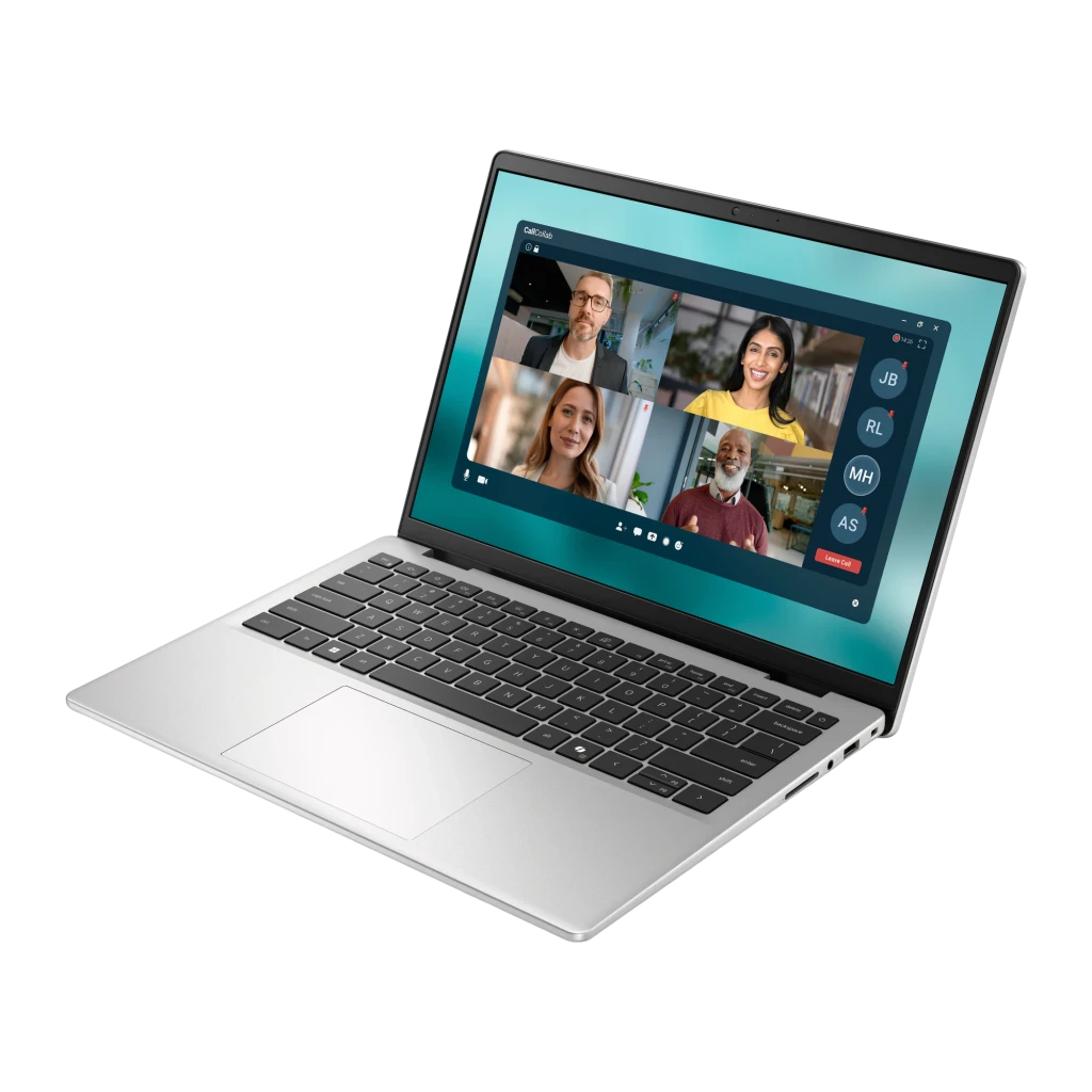 Dell Portátil Pro 14 Essential PV14250 512GB plata, vista en ángulo lateral: teclado, trackpad y pantalla con videollamada