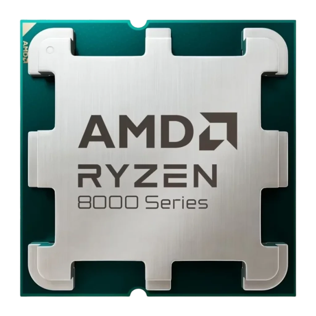 AMD Ryzen 7 8700F AM5 5 GHz, vue de face: IHS métallique argenté avec logo AMD Ryzen 8000 Series sur PCB vert