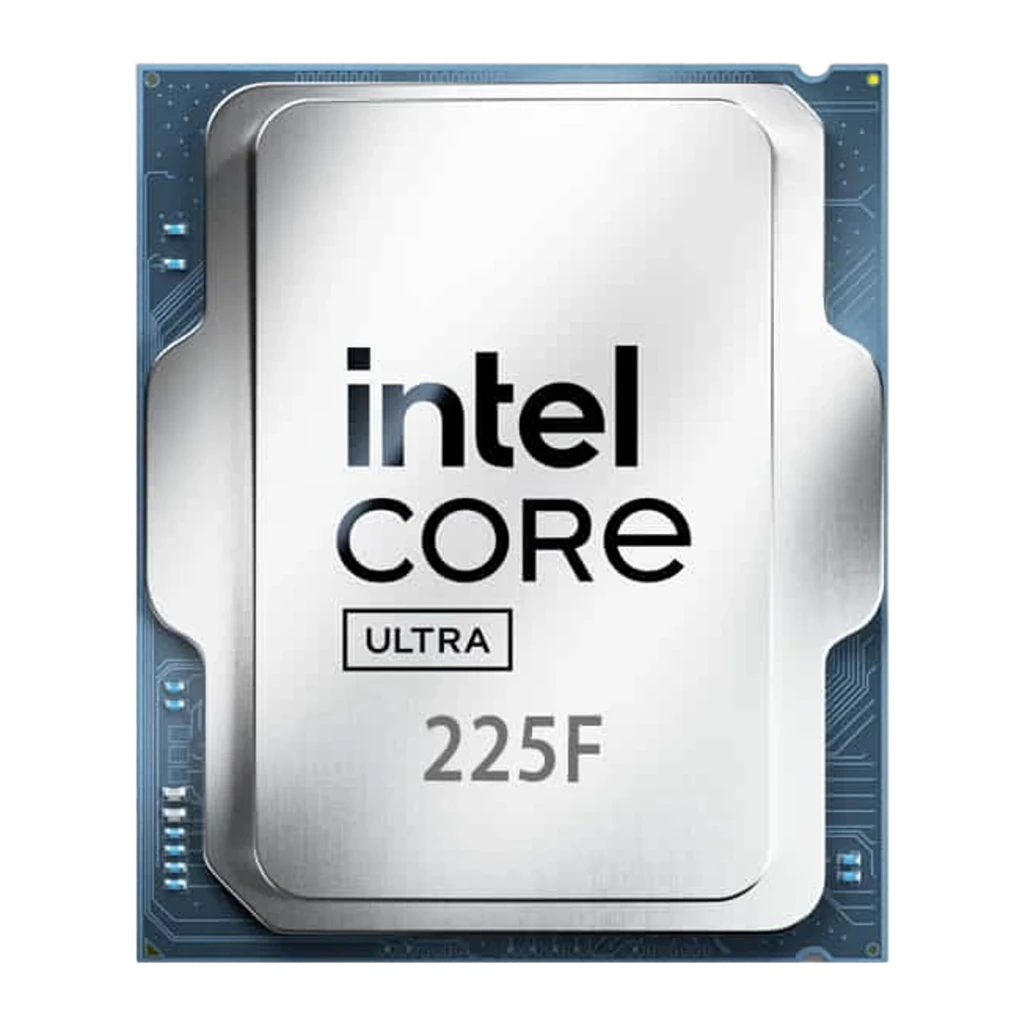 Intel Core Ultra 5 225F Tray, vista frontal: IHS prateado com logótipo Intel Core Ultra 225F em preto