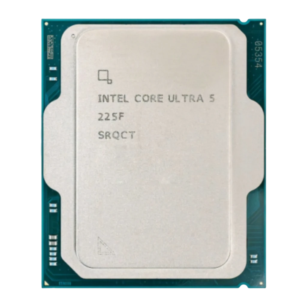 Intel Core Ultra 5 225F Tray, vista superior: IHS cinza com texto gravado INTEL CORE ULTRA 5 225F e código SRQCT