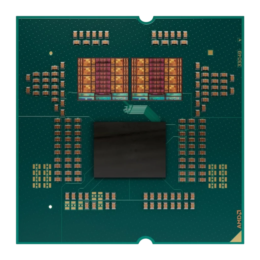 AMD Ryzen 5 9600 6-Core 38MB AM5, vue inférieure: PCB vert avec dies exposés et contacts AM5 visibles