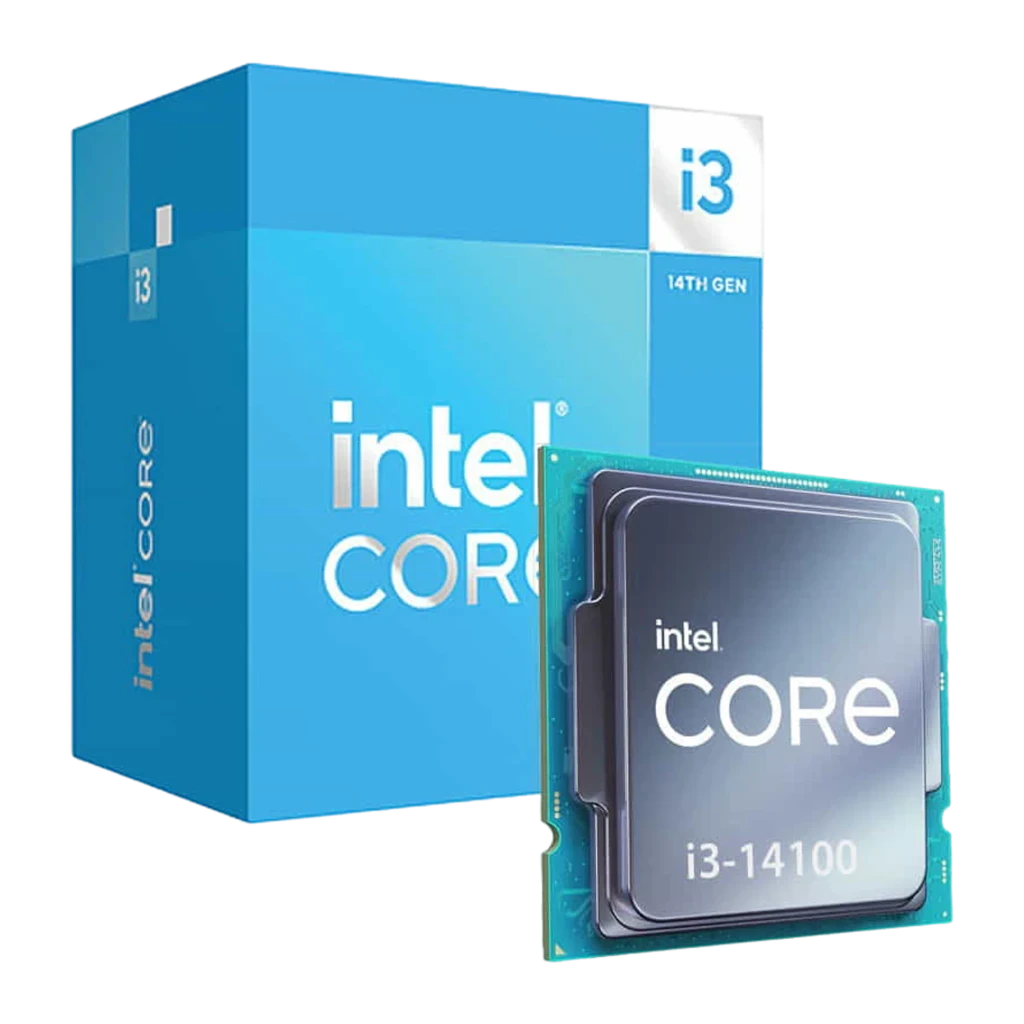 Procesador Intel Core i3-14100 14th Gen con 4 núcleos, socket LGA1700. Caja azul y chip visible con serigrafía Intel Core i3-14100 en primer plano