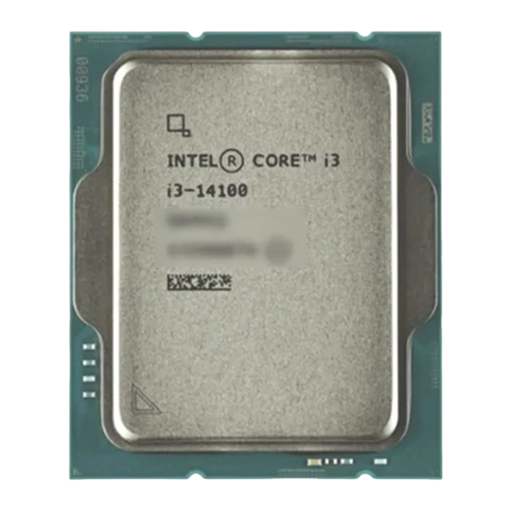Intel Core i3-14100 3,5 GHz Socket 1700, vue du dessus: IHS métallique mat avec étiquette gravée i3-14100 et code-barres