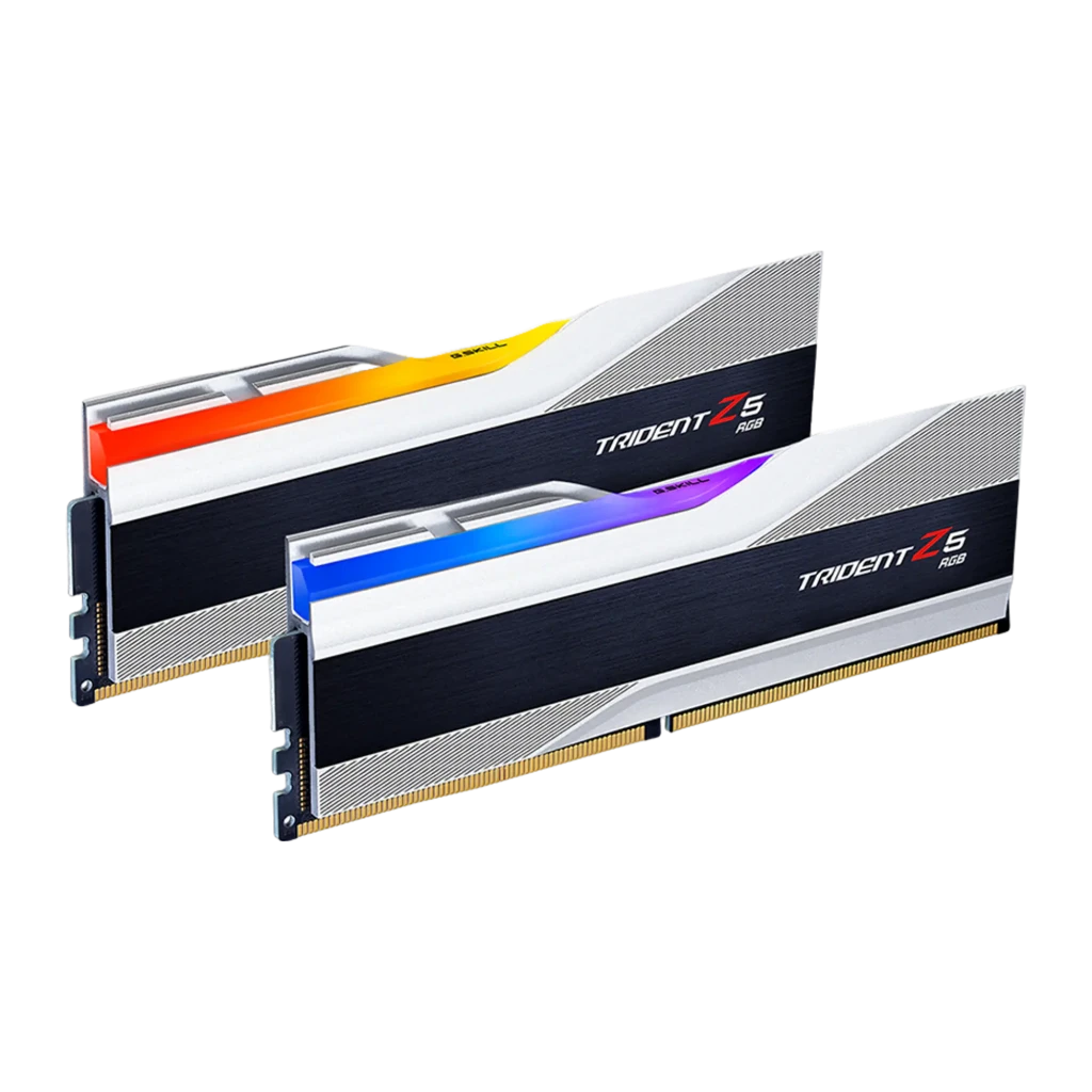 G.Skill Trident Z5 RGB DDR5 32GB 6000MHz negro y plata, vista frontal en ángulo: kit de 2 módulos con iluminación RGB