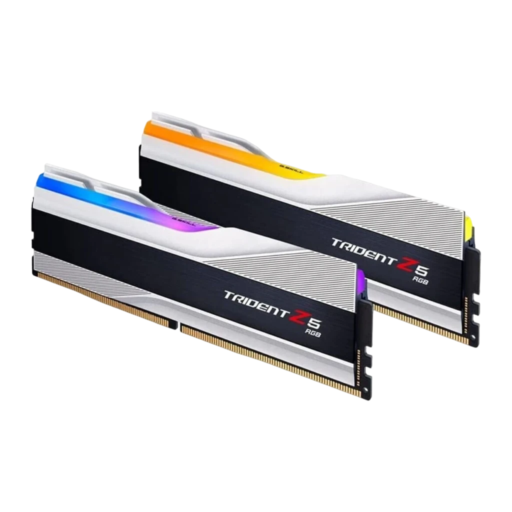 G.Skill Trident Z5 RGB DDR5 32GB 6000MHz negro y plata, vista lateral en ángulo: kit 2 módulos mostrando el lado plateado