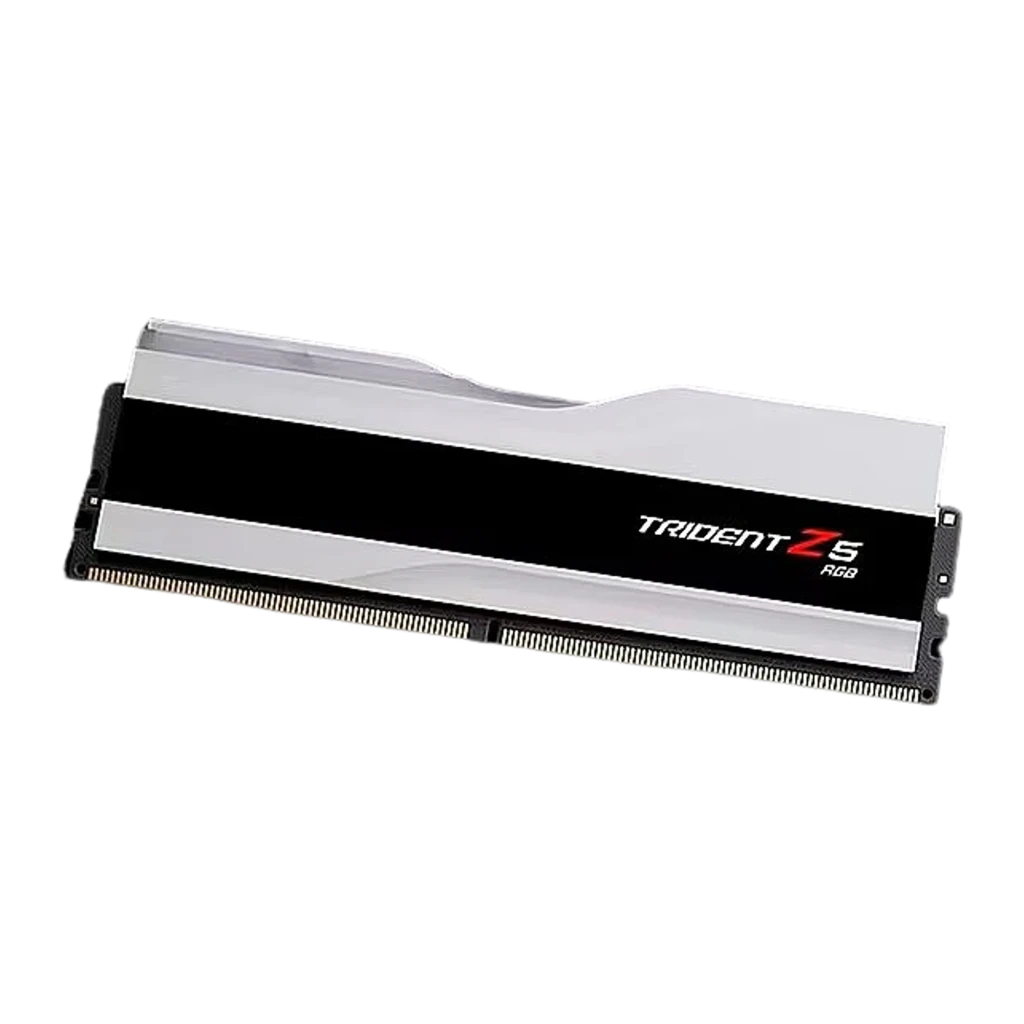 G.Skill Trident Z5 RGB DDR5 32GB 6000MHz negro y plata, vista superior inclinada: módulo individual sin RGB, conectores DDR5