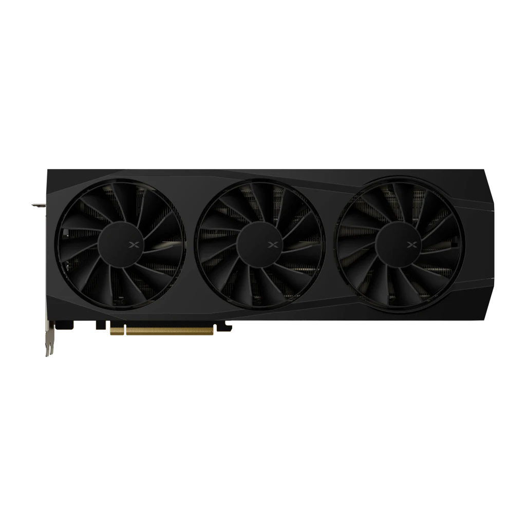 XFX Radeon RX 9070 QuickSilver OC 16GB negro, vista frontal: tres ventiladores con logo X y conector PCIe dorado