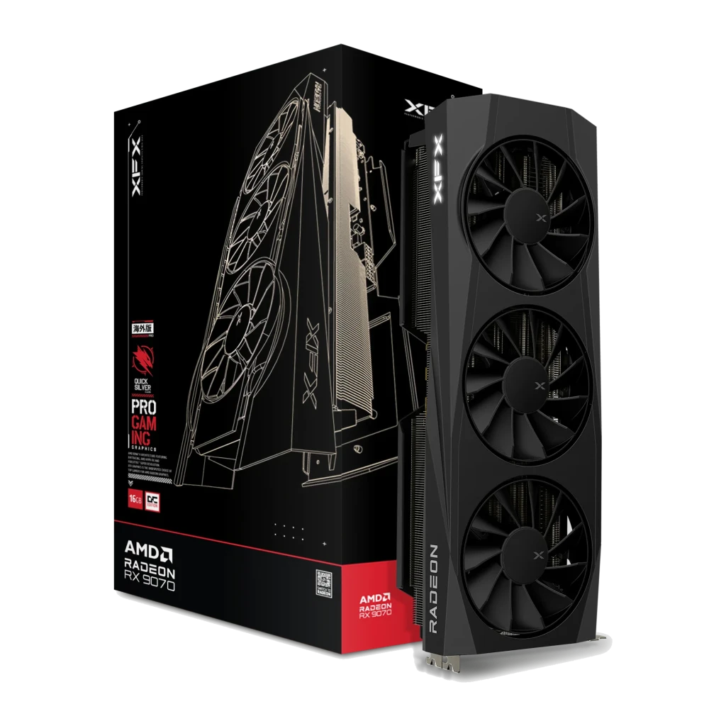 XFX Radeon RX 9070 QuickSilver OC 16GB negro, vista frontal con caja: tarjeta triple ventilador junto a su packaging AMD