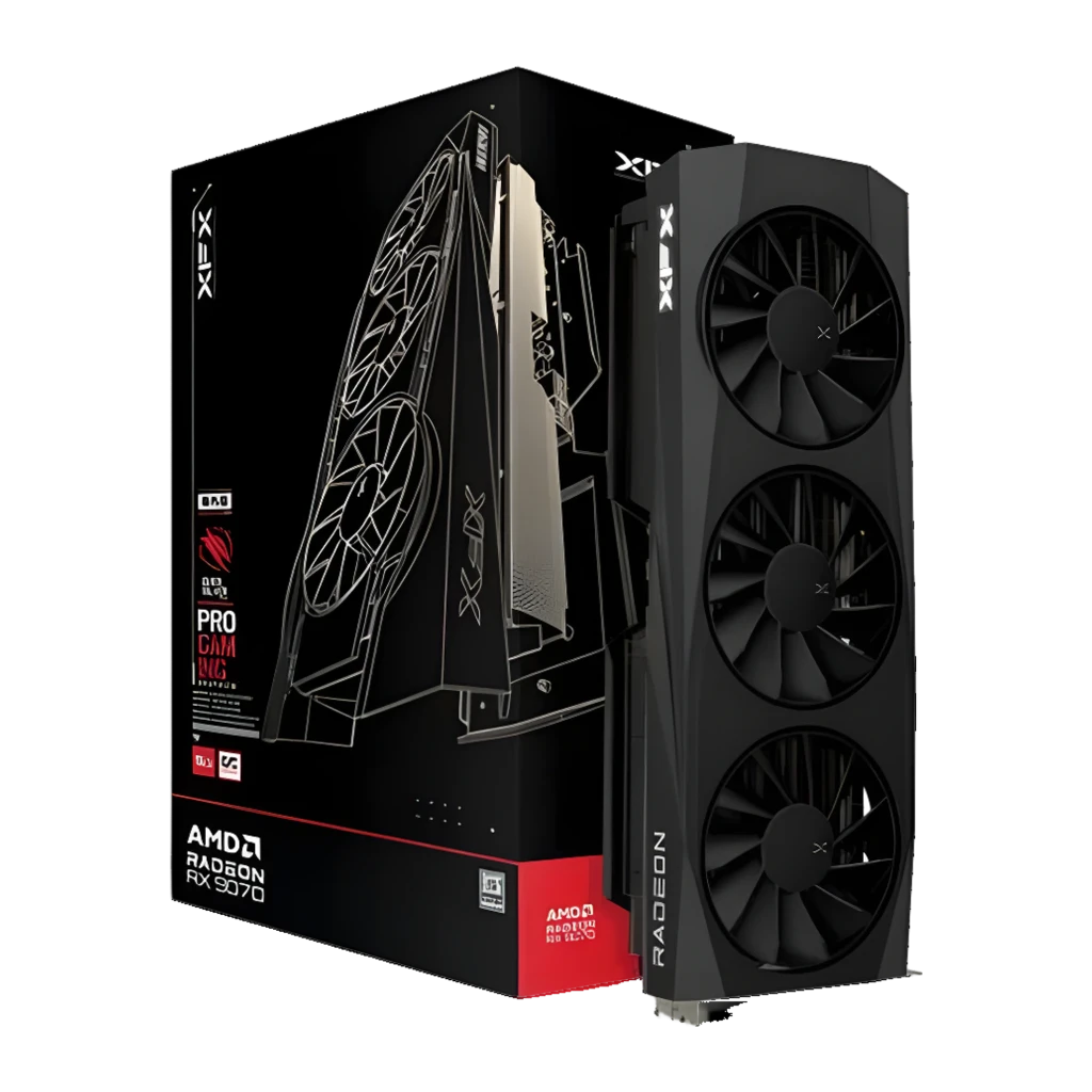 XFX Radeon RX 9070 QuickSilver OC 16GB negro, vista lateral con caja: tarjeta triple ventilador junto a packaging AMD