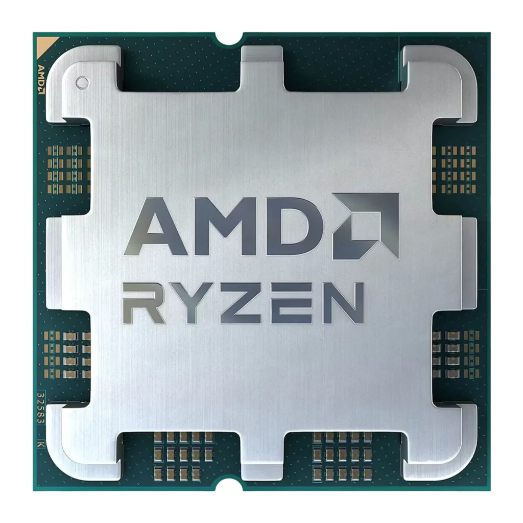AMD Ryzen 5 7600 AM5 Tray, vue du dessus: IHS argenté avec logo AMD Ryzen gravé, PCB vert et contacts dorés