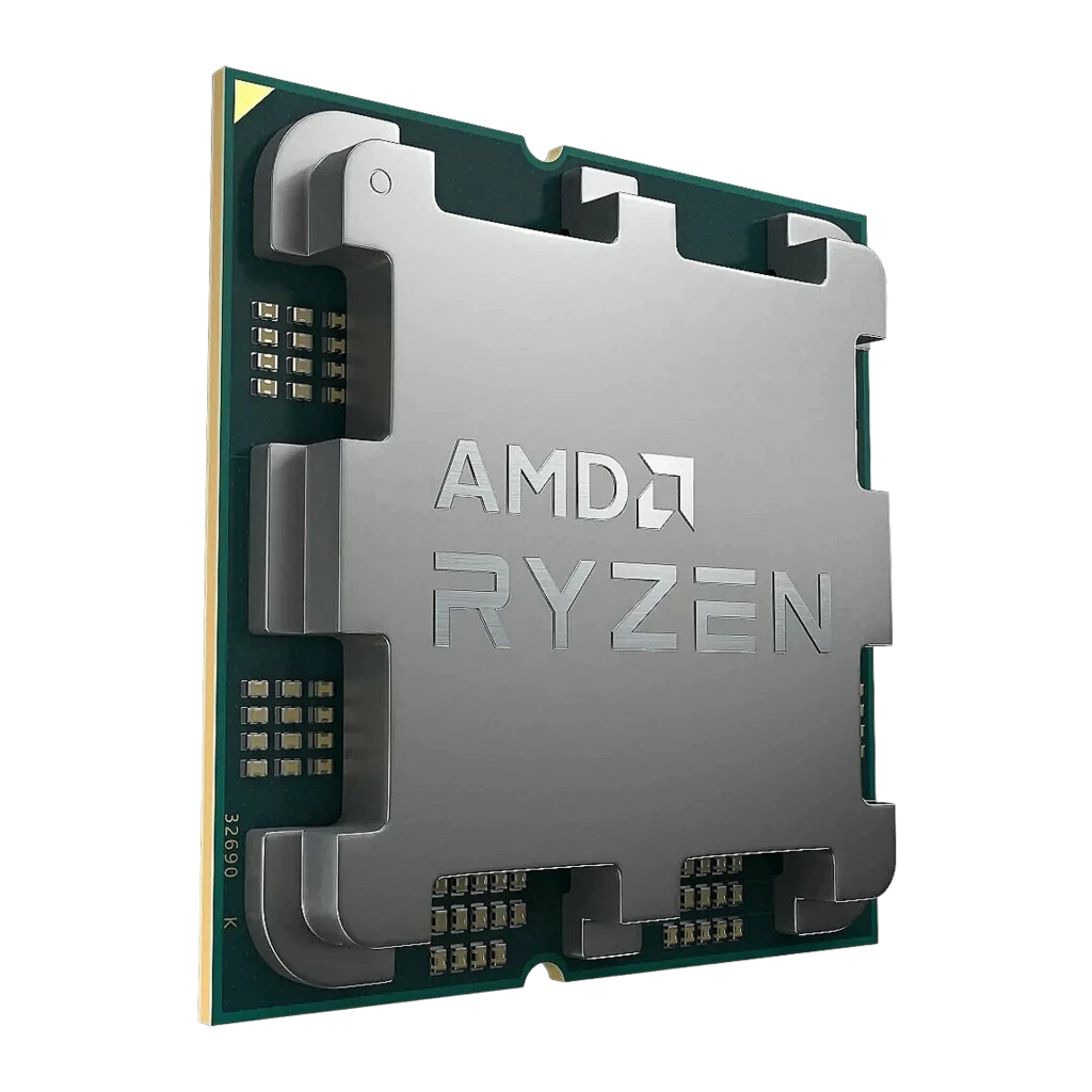 AMD Ryzen 5 7600 AM5 Tray, vista em ângulo: perspetiva lateral mostrando espessura do IHS e borda do PCB verde