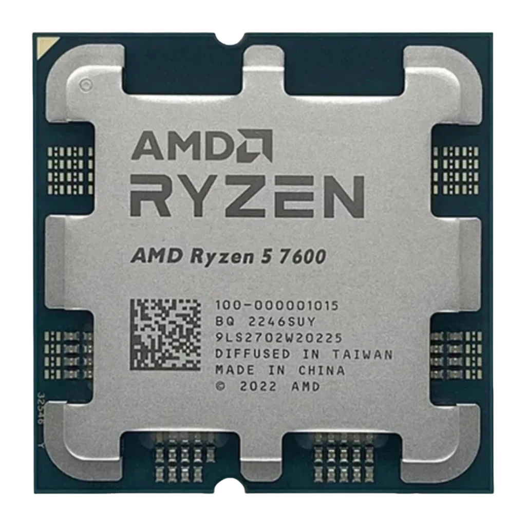 AMD Ryzen 5 7600 AM5 Tray, vista frontal real: IHS com etiqueta de modelo, número de série e código QR visíveis