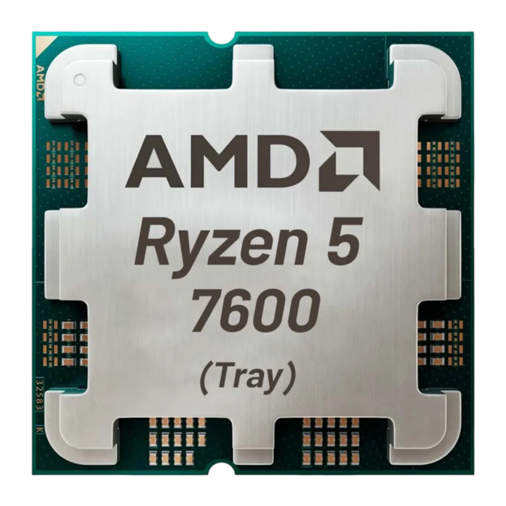 AMD Ryzen 5 7600 AM5 Tray, vista superior render: IHS prateado com texto Ryzen 5 7600 Tray em grande sobre PCB verde