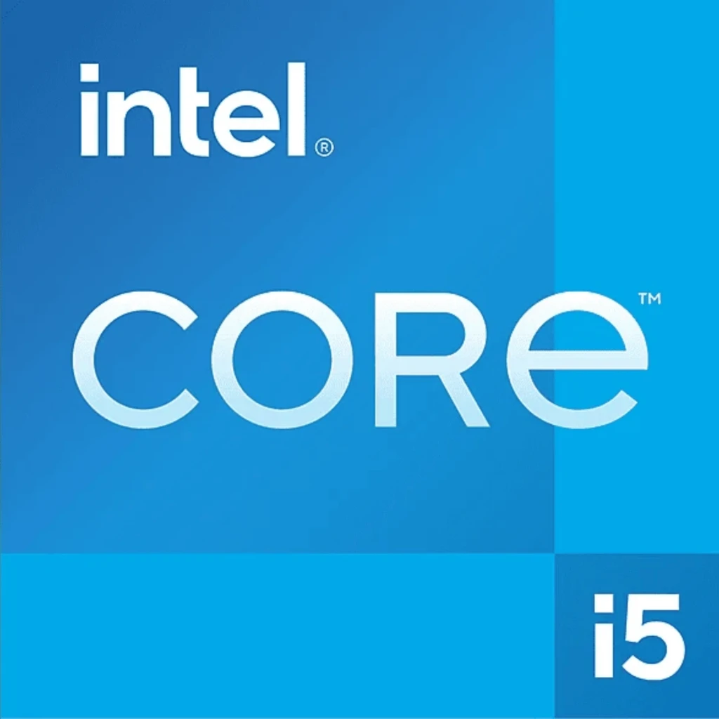 Caja azul Intel Core i5 con logotipo blanco destacado y esquina inferior con etiqueta i5; diseño minimalista que identifica procesador Intel Core i5-14400