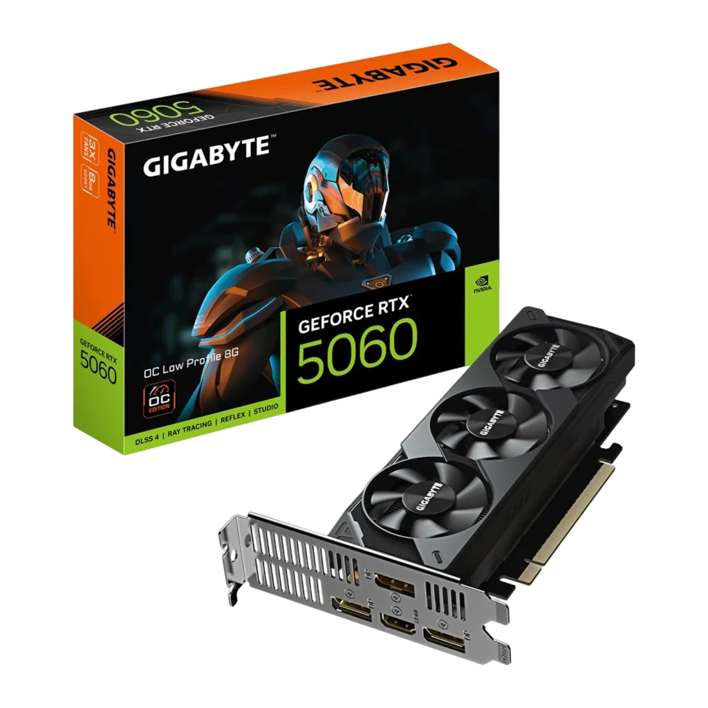 Gigabyte GeForce RTX 5060 OC Low Profile 8GB GDDR7 noir, kit complet: carte graphique avec sa boîte retail orange et noire