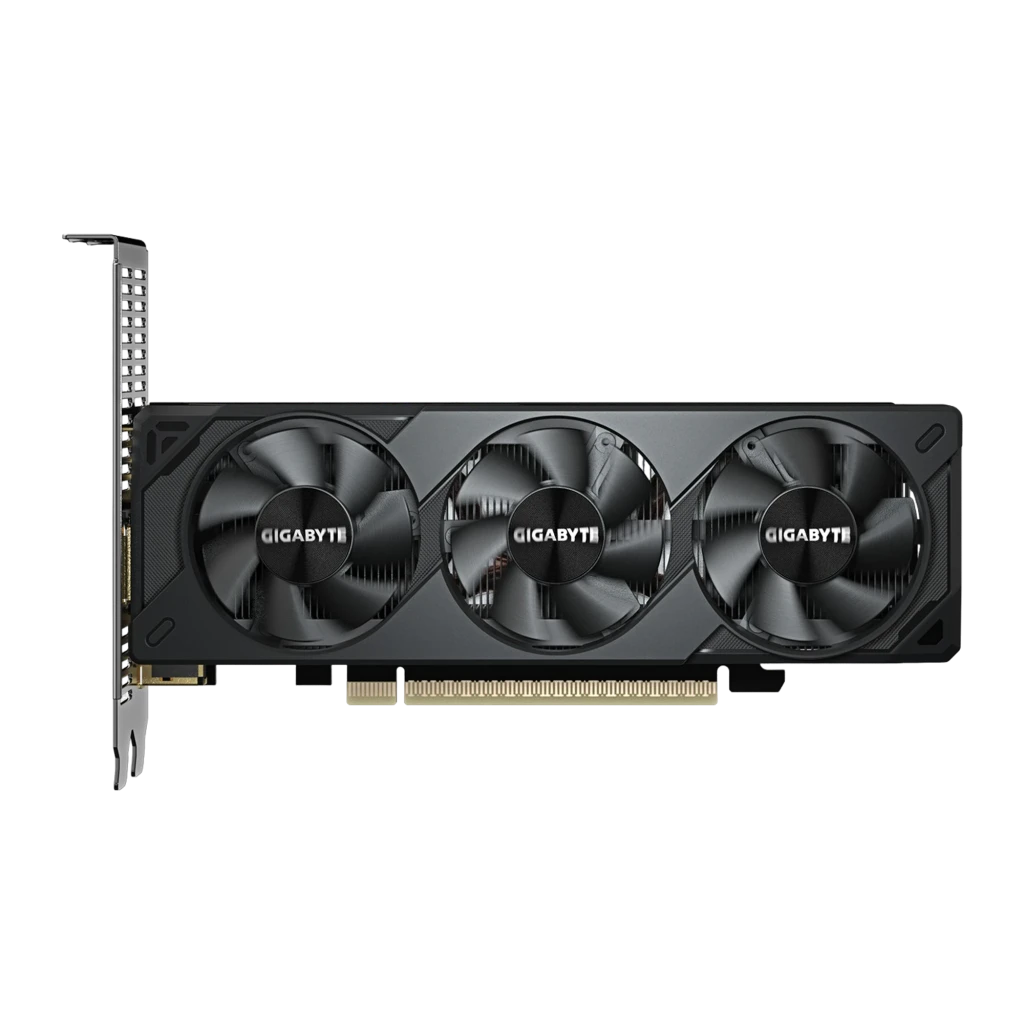 Gigabyte GeForce RTX 5060 OC Low Profile 8GB GDDR7 noir, vue de face: trois ventilateurs avec logo Gigabyte et connecteur